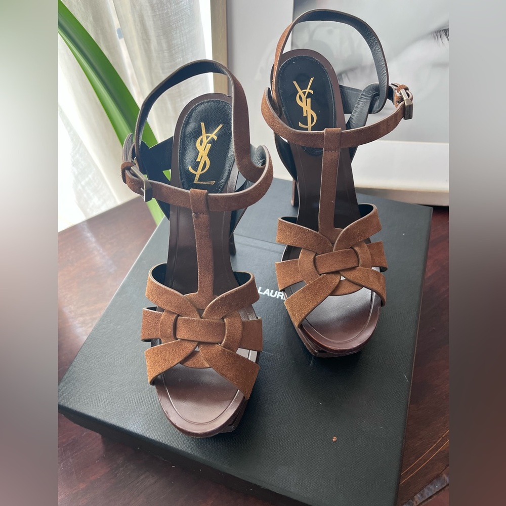 SAINT LAURENT | EUC Tribute Sandal 105, Brown Suede, Size 38 1/2